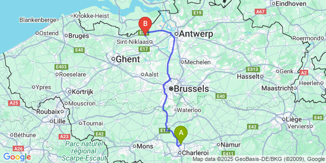 Map: Charleroi Airport Brussels South (CRL) to Kemzeke