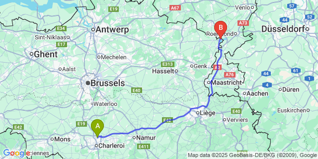 Map: Charleroi Airport Brussels South (CRL) to Kessenich