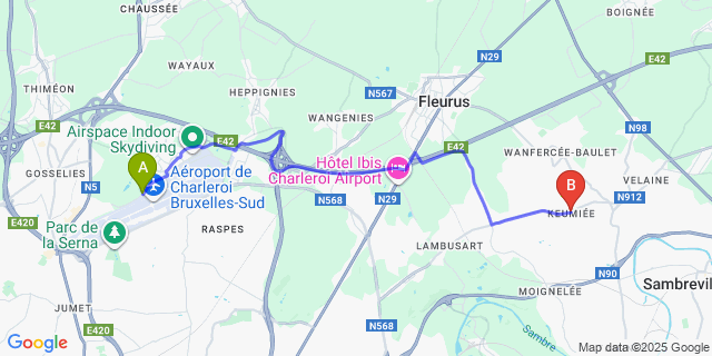Map: Charleroi Airport Brussels South (CRL) to Keumiée