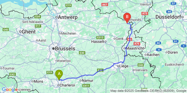 Map: Charleroi Airport Brussels South (CRL) to Kinrooi
