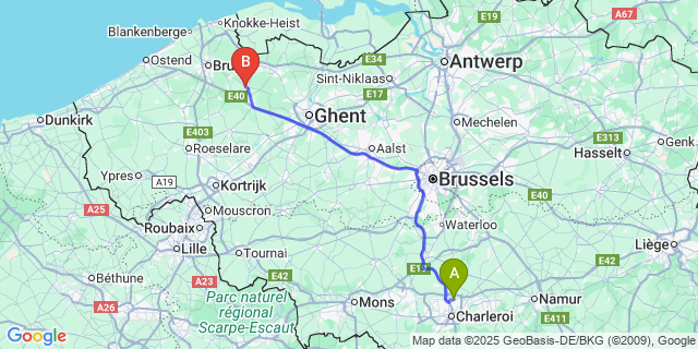 Map: Charleroi Airport Brussels South (CRL) to Knesselare