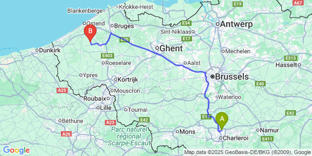 Map: Charleroi Airport Brussels South (CRL) to Koekelare
