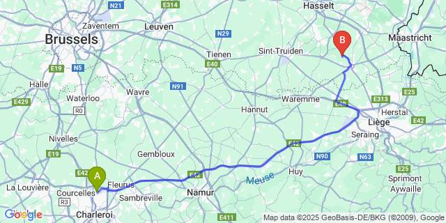 Map: Charleroi Airport Brussels South (CRL) to Kolmont