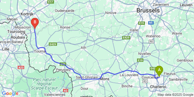 Map: Charleroi Airport Brussels South (CRL) to Kooigem