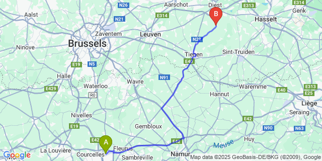Map: Charleroi Airport Brussels South (CRL) to Kortenaken