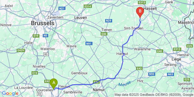 Map: Charleroi Airport Brussels South (CRL) to Kozen