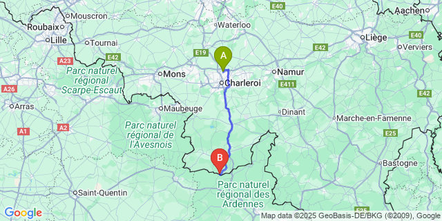 Map: Charleroi Airport Brussels South (CRL) to LEscaillere