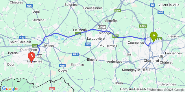 Map: Charleroi Airport Brussels South (CRL) to La Bouverie