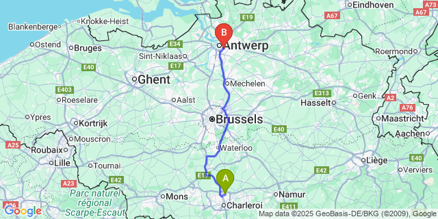 Map: Charleroi Airport Brussels South (CRL) to La Gage