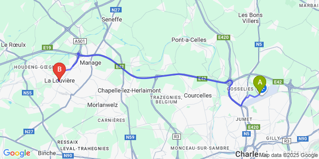 Map: Charleroi Airport Brussels South (CRL) to La Louviere