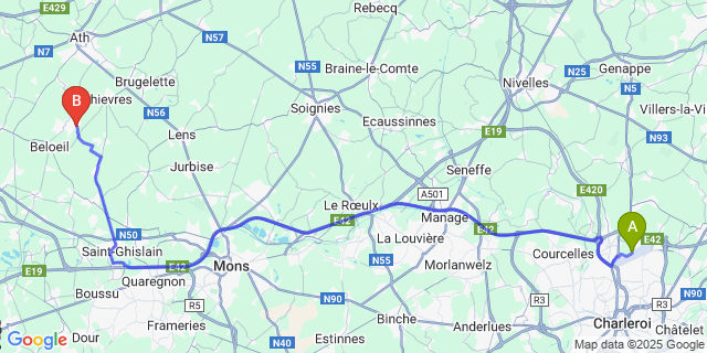 Map: Charleroi Airport Brussels South (CRL) to Ladeuze