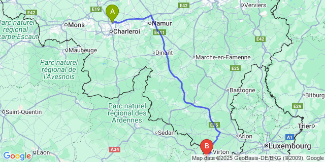 Map: Charleroi Airport Brussels South (CRL) to Lamorteau
