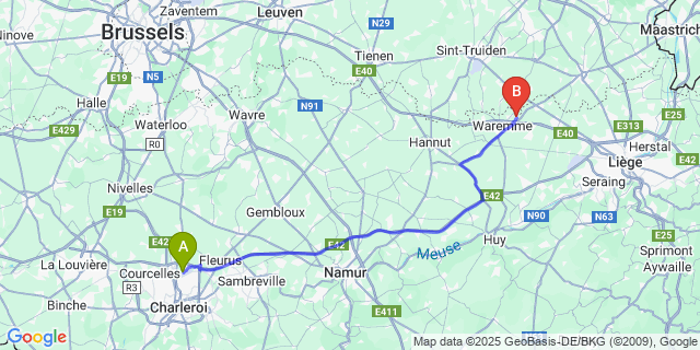 Map: Charleroi Airport Brussels South (CRL) to Lantremange