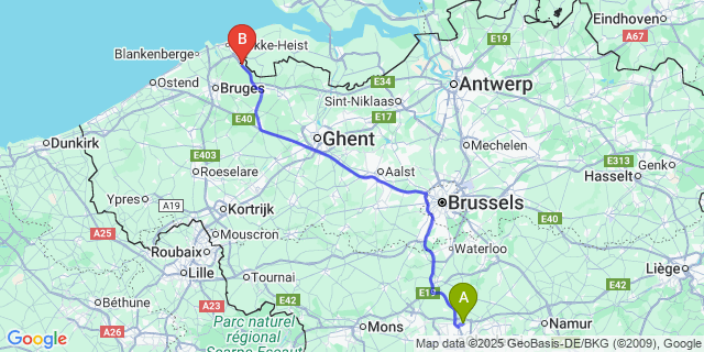 Map: Charleroi Airport Brussels South (CRL) to Lapscheure