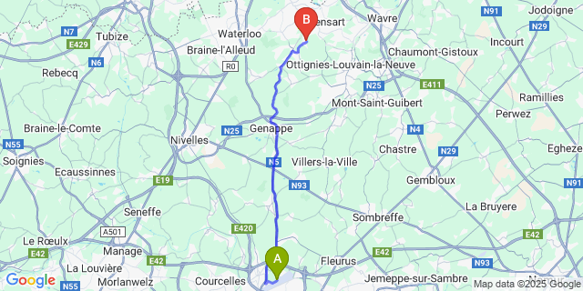 Map: Charleroi Airport Brussels South (CRL) to Lasne-Chapelle-Saint-Lambert