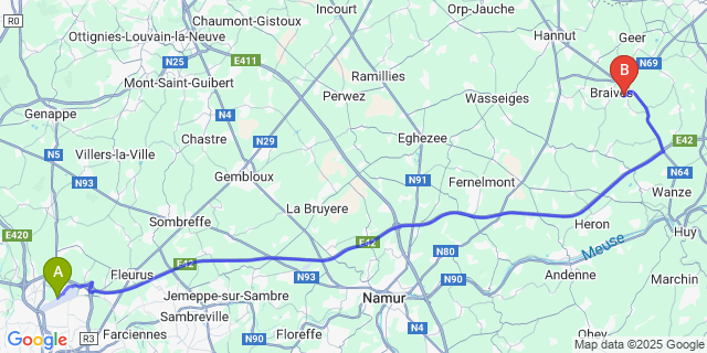 Map: Charleroi Airport Brussels South (CRL) to Latinne