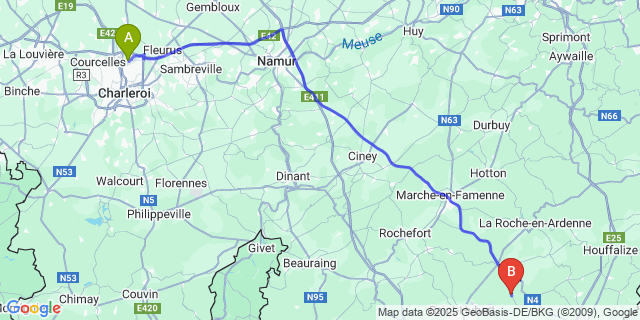 Map: Charleroi Airport Brussels South (CRL) to Lavacherie