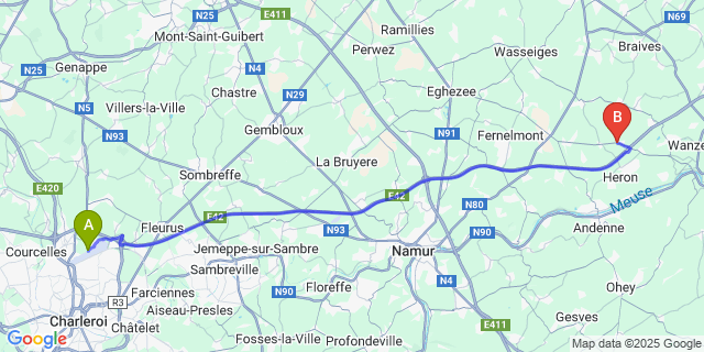 Map: Charleroi Airport Brussels South (CRL) to Lavoir