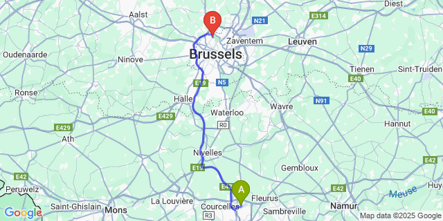 Map: Charleroi Airport Brussels South (CRL) to Le Centenaire Apparthotel Hotel, Brussels