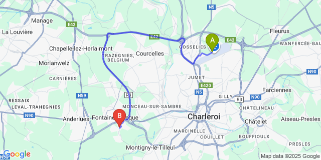 Map: Charleroi Airport Brussels South (CRL) to Leernes