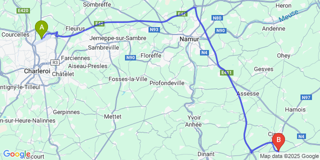 Map: Charleroi Airport Brussels South (CRL) to Leignon