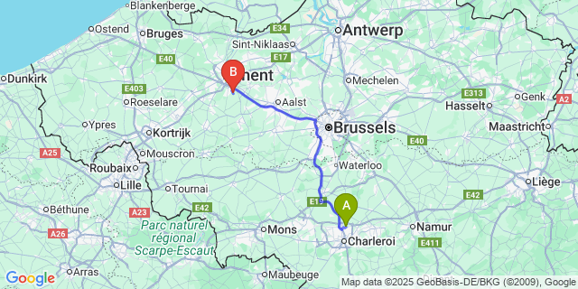 Map: Charleroi Airport Brussels South (CRL) to Lemberge