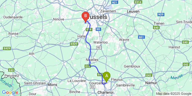 Map: Charleroi Airport Brussels South (CRL) to Lennik Erasme