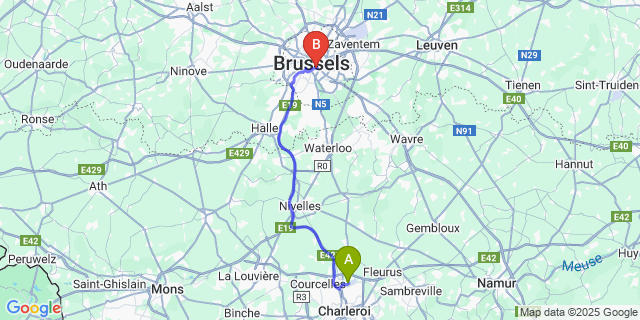 Map: Charleroi Airport Brussels South (CRL) to Leopold Hotel Brussels EU