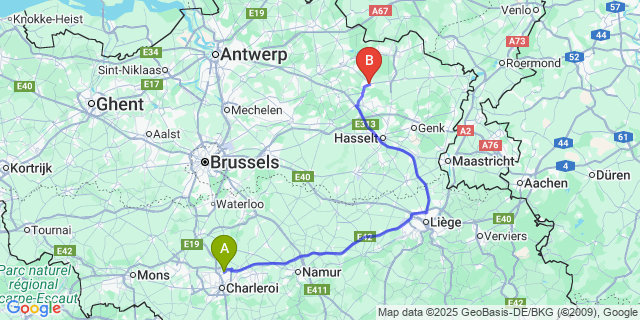 Map: Charleroi Airport Brussels South (CRL) to Leopoldsburg