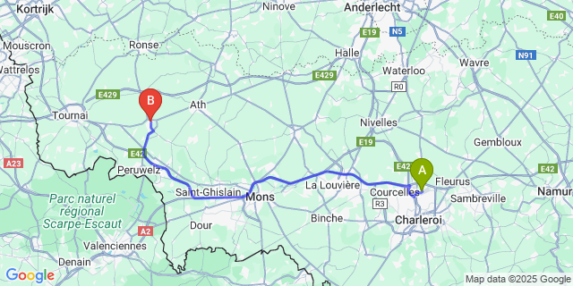 Map: Charleroi Airport Brussels South (CRL) to Leuze-en-Hainaut