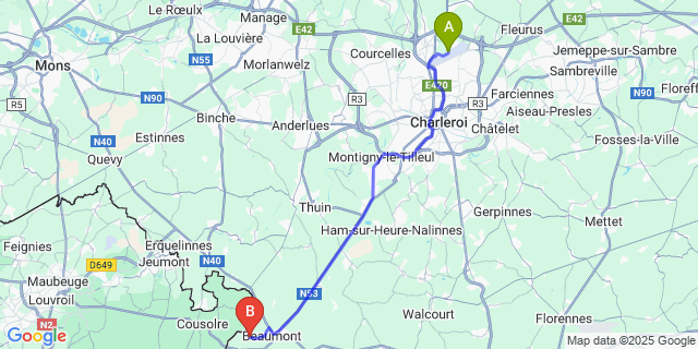 Map: Charleroi Airport Brussels South (CRL) to Leval-Chaudeville