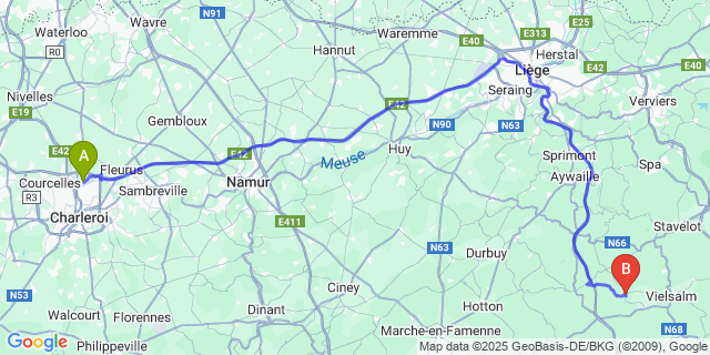 Map: Charleroi Airport Brussels South (CRL) to Lierneux