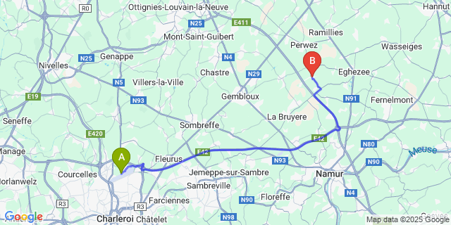 Map: Charleroi Airport Brussels South (CRL) to Liernu