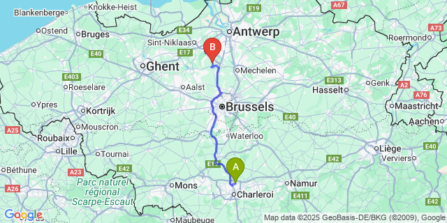 Map: Charleroi Airport Brussels South (CRL) to Liezele