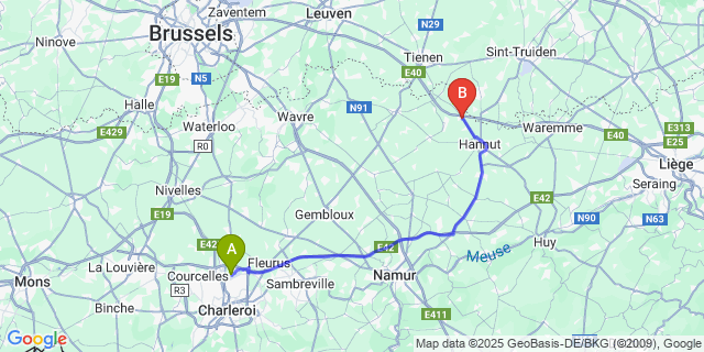 Map: Charleroi Airport Brussels South (CRL) to Lincent