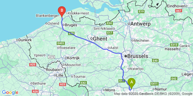 Map: Charleroi Airport Brussels South (CRL) to Lissewege