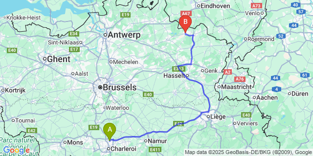 Map: Charleroi Airport Brussels South (CRL) to Lommel