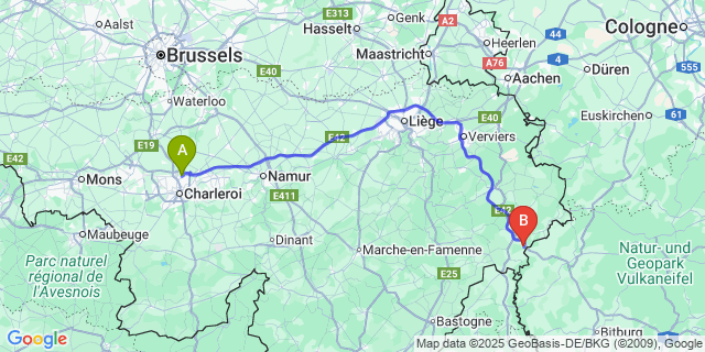 Map: Charleroi Airport Brussels South (CRL) to Lommersweiler