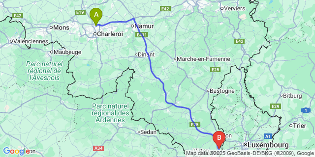 Map: Charleroi Airport Brussels South (CRL) to Longeau