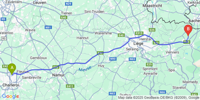 Map: Charleroi Airport Brussels South (CRL) to Lontzen