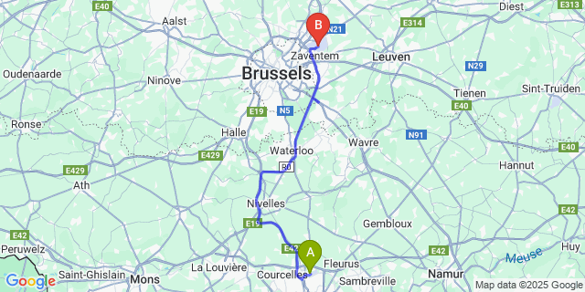 Map: Charleroi Airport Brussels South (CRL) to Louges