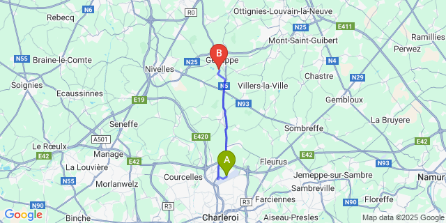 Map: Charleroi Airport Brussels South (CRL) to Loupoigne
