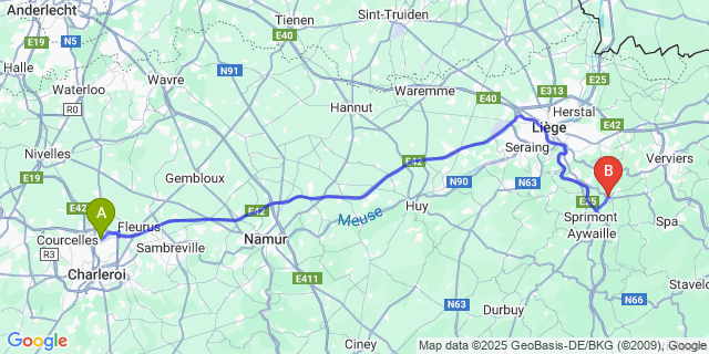 Map: Charleroi Airport Brussels South (CRL) to Louveigné