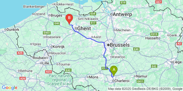 Map: Charleroi Airport Brussels South (CRL) to Lovendegem
