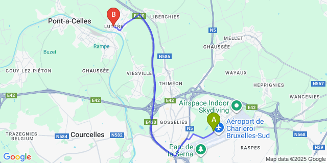 Map: Charleroi Airport Brussels South (CRL) to Luttre