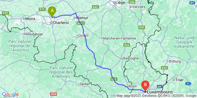 Map: Charleroi Airport Brussels South (CRL) to Luxembourg city (all areas)