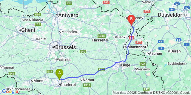 Map: Charleroi Airport Brussels South (CRL) to Maaseik
