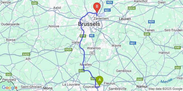 Map: Charleroi Airport Brussels South (CRL) to Machelen (Vlaams-Brabant)