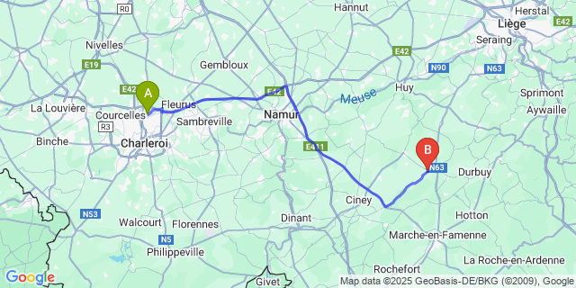 Map: Charleroi Airport Brussels South (CRL) to Maffe