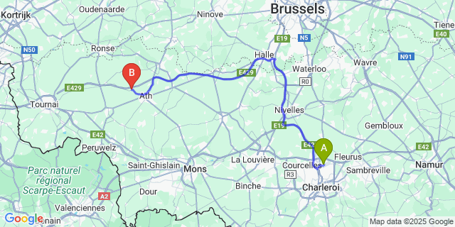 Map: Charleroi Airport Brussels South (CRL) to Mainvault